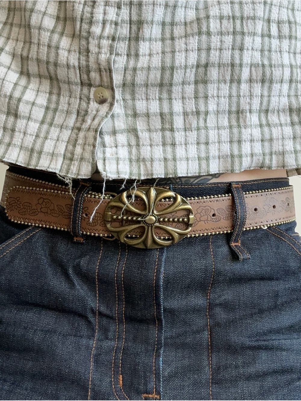 Brown Leather Belt with Decorative gold Buckle - Men